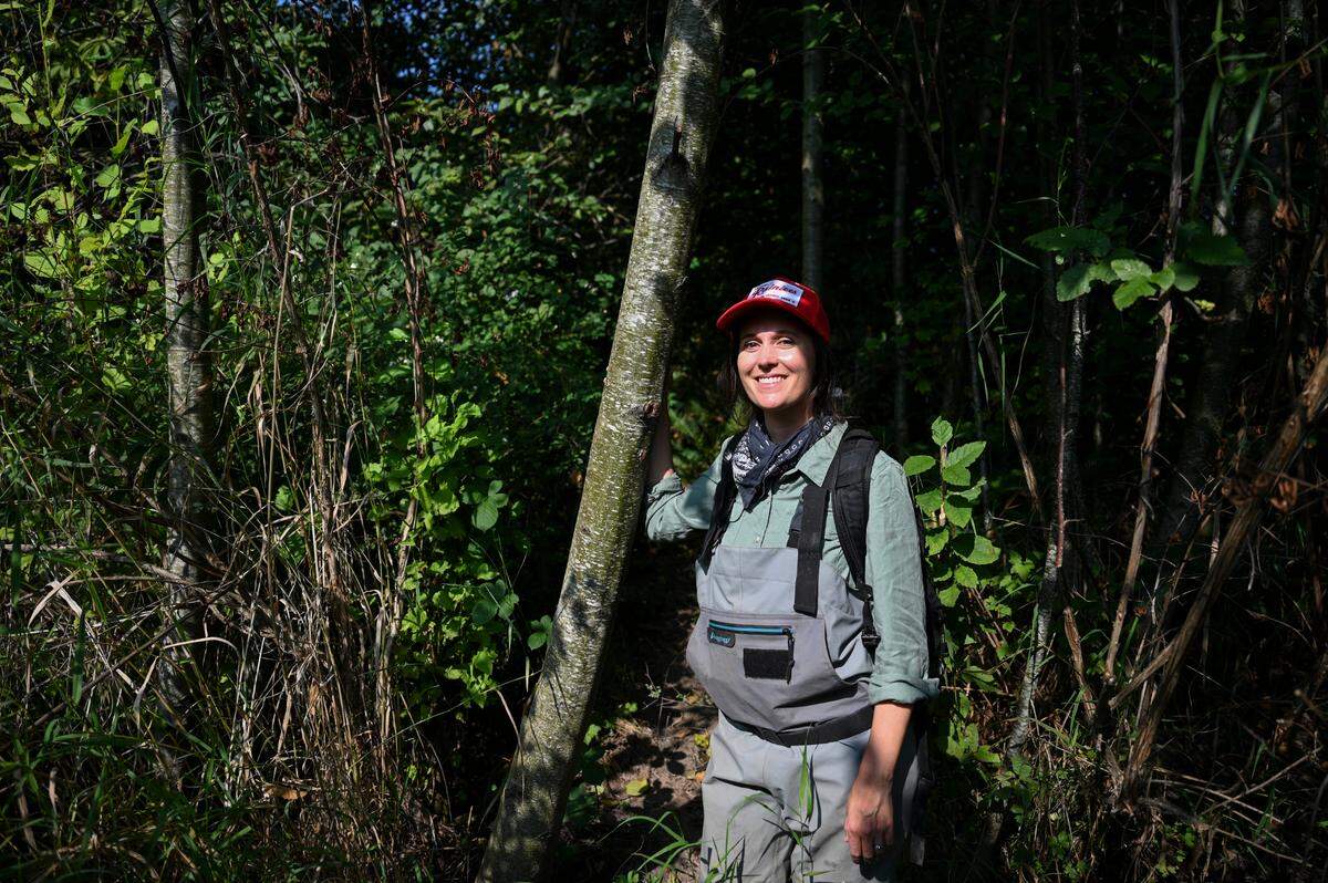 Port of Tacoma biologist Kristin Everedin poses for a portrait near a beaver damn at Clear Creek, Tuesday, Sept. 19, 2023, Tacoma, Wash.