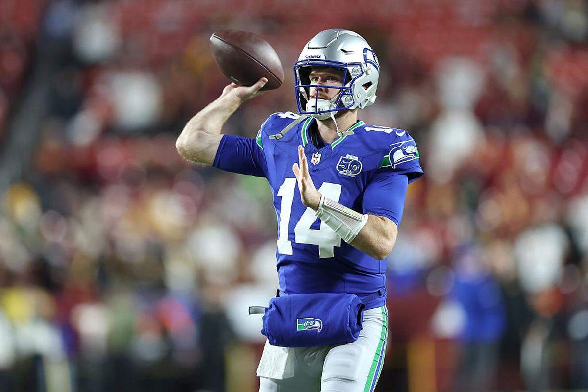 Seattle Seahawks quarterback Sam Darnold (14) warms up prior to the game against the Washington Commanders at Northwest Stadium on November 02, 2025 in Landover, Maryland. (Photo by Scott Taetsch/Getty Images)