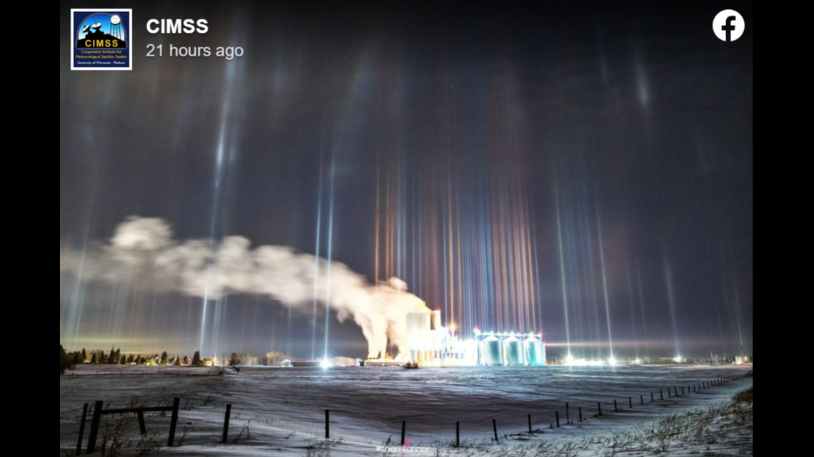 These light pillars appeared over Alix, Canada, when temperatures were minus-20 degrees, according to photographer Tree Tanner.