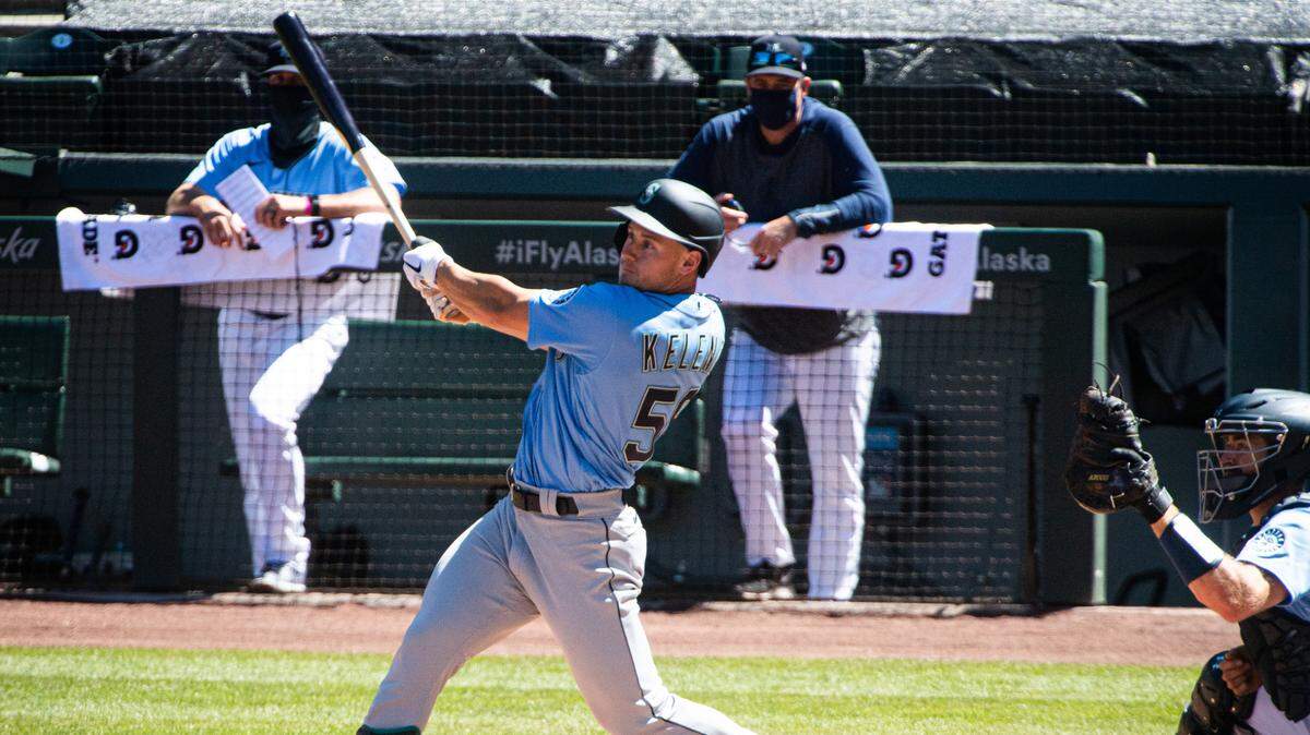 Outfielder Jarred Kelenic swings at a pitch during an intrasquad practice game at T-Mobile Park in Seattle, Wash., on Monday, July 13, 2020.