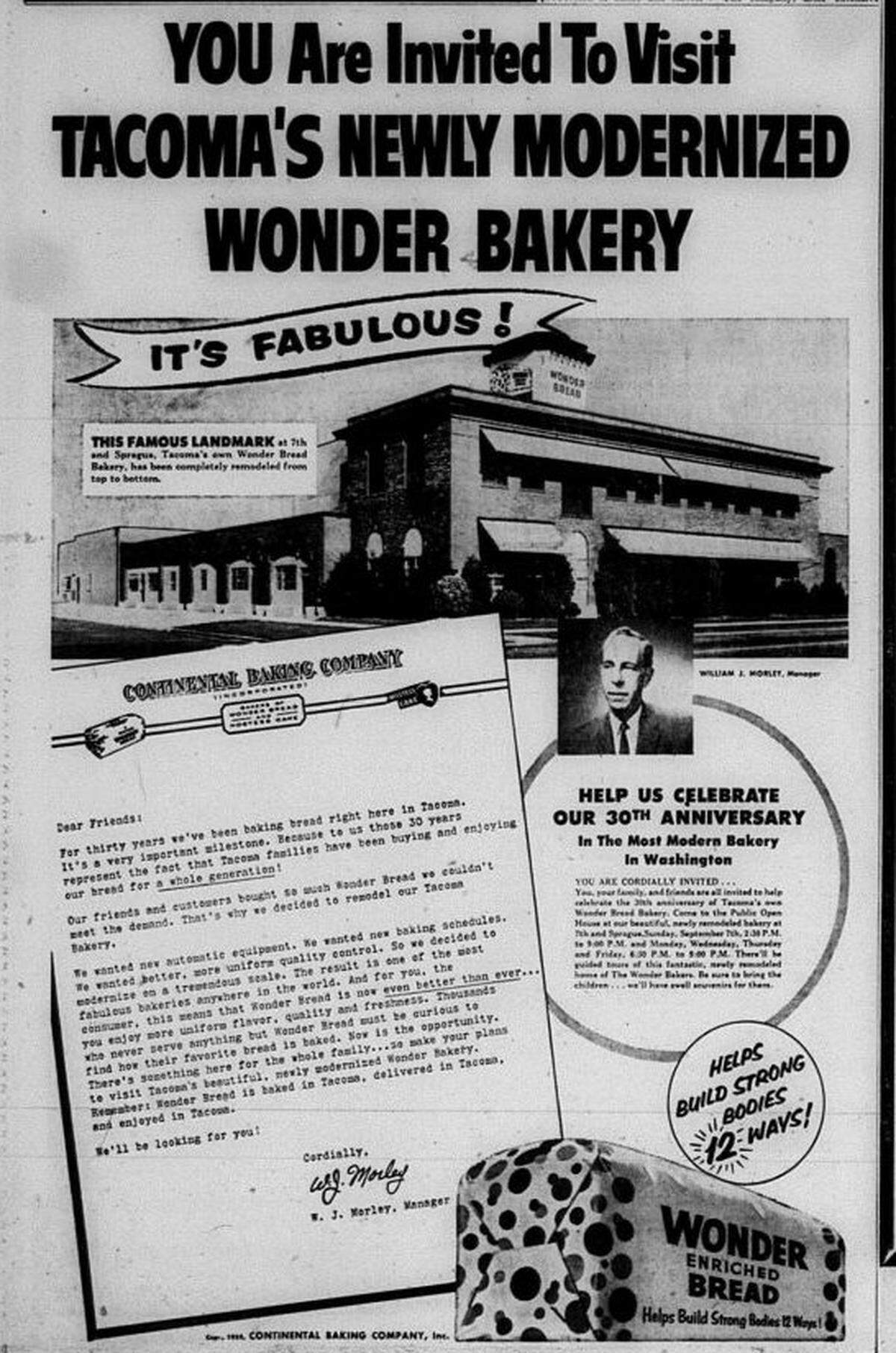 An ad from Sept. 7 1958 in The News Tribune touts the remodeling of the Wonder Bread bakery at South 7th and Sprague.
