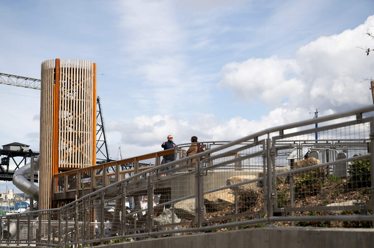 Melanie’s Park has a tower slide, log scramble and and elements that calls back to the Puyallup Tribe history and history of the waterway, on Wednesday, April 3, 2024, in Tacoma, Wash.