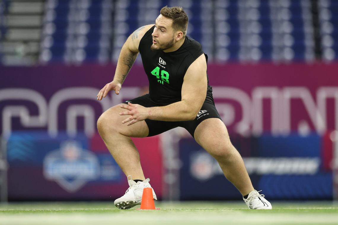 INDIANAPOLIS, INDIANA - MARCH 01: Beau Stephens of the Iowa Hawkeyes participates in a drill during the 2026 NFL Scouting Combine at Lucas Oil Stadium on March 01, 2026 in Indianapolis, Indiana. (Photo by Stacy Revere/Getty Images)