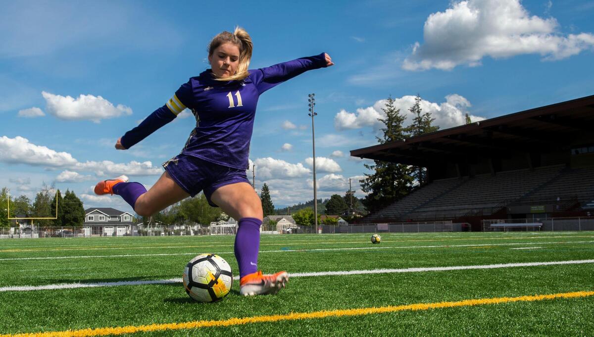 Puyallup High School midfielder Callie Lowney, who led the Vikings in scoring, is The News Tribune’s spring 2021 All-Area girls soccer player of the year. Photo taken at Sparks Stadium in Puyallup on Monday, May 10, 2021.