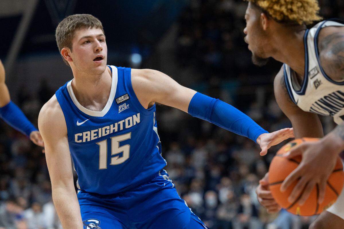 Creighton guard John Christofilis (15) plays during of an NCAA college basketball game against Villanova, Wednesday, Jan. 5, 2022, in Villanova, Pa. (AP Photo/Laurence Kesterson)