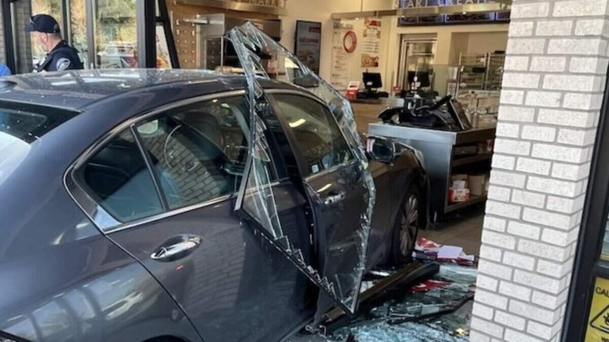 A car crashed into a Papa Murphy’s restaurant on Thursday, April 24, 2025 in Frederickson, Wash.