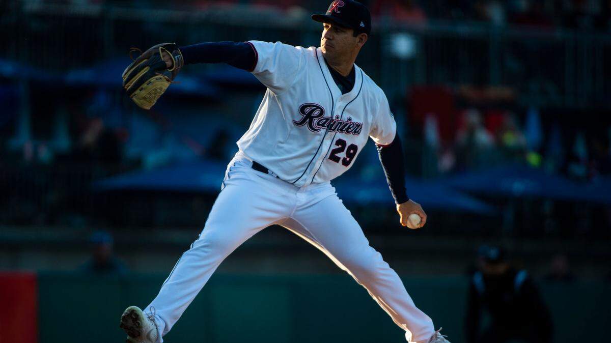 Tacoma Rainiers pitcher Tommy Milone (29) pitches during the first inning of the Rainiers home opener game against the Reno Aces at Cheney Stadium in Tacoma, Wash. on April 4, 2023.