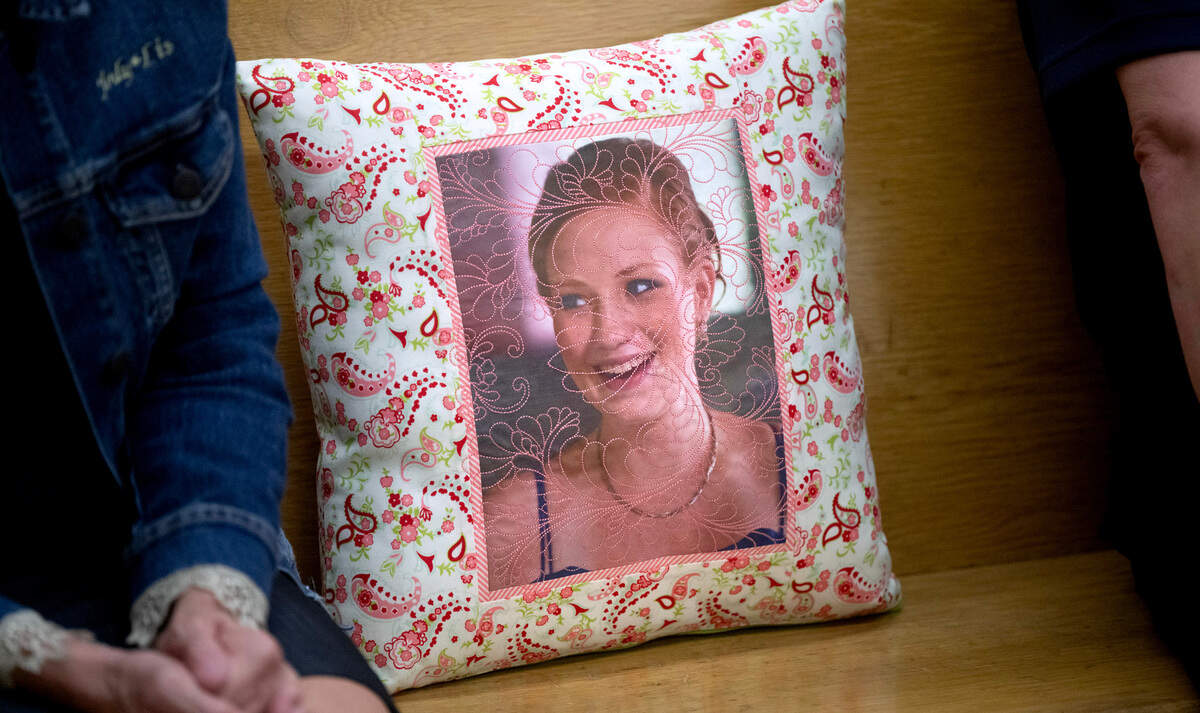 Roxanne Bagnariol is shown on a pillow brought by her family to the sentencing hearing for Jacob Eugene Wyant, who plead guilty to vehicular homicide and attempting to elude a police vehicle in Pierce County Superior Court in Tacoma, Washington, Tuesday, Oct. 29, 2024. Wyant was sentenced to 84 months in prison for the charges stemming from his fleeing police and subsequent crash that killed Bagnariol.