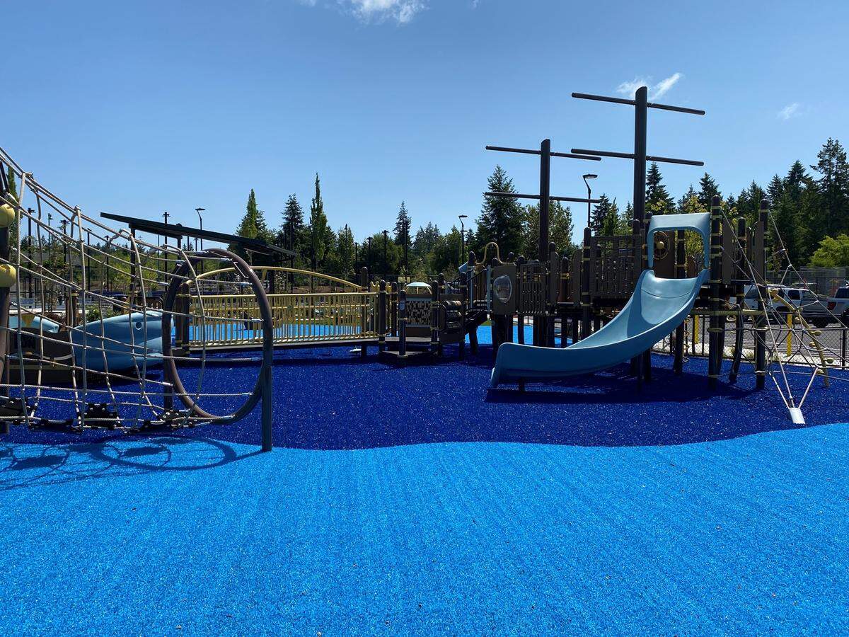 This photo shows Doris Heritage Park’s playground before its grand opening. This sea-like playground has a slide, jungle gym and tunnels.
