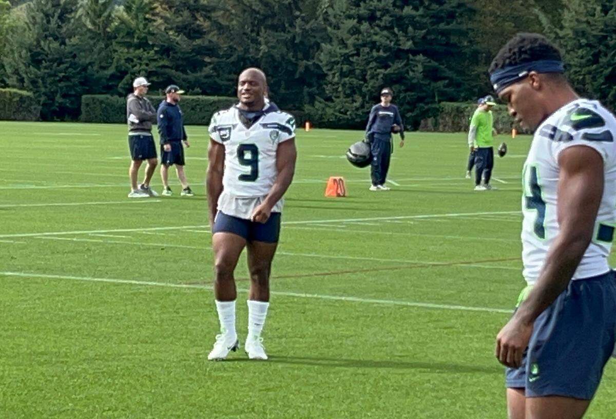 Lead running back Kenneth Walker (9) smiles at the start of Seahawks practice at the Virginia Mason Athletic Center in Renton Thursday, Sept. 26, 2024, four days before Seattle plays at the Detroit Lions.