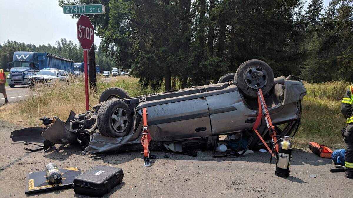 Two people were hurt, one seriously, in a rollover crash late Monday morning on Meridian East near 274th Street East, according to Graham Fire & Rescue.
