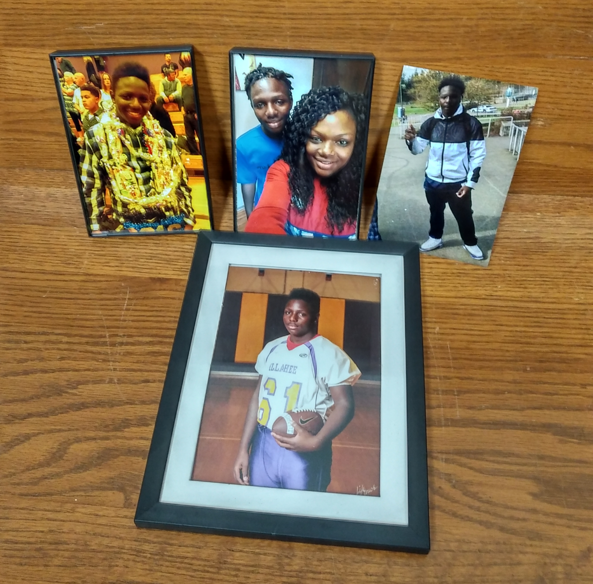 Antonio Malik Douglas, clockwise: at middle school graduation, with mother Alexis Broussard, standing, posing for a football photo in middle school.