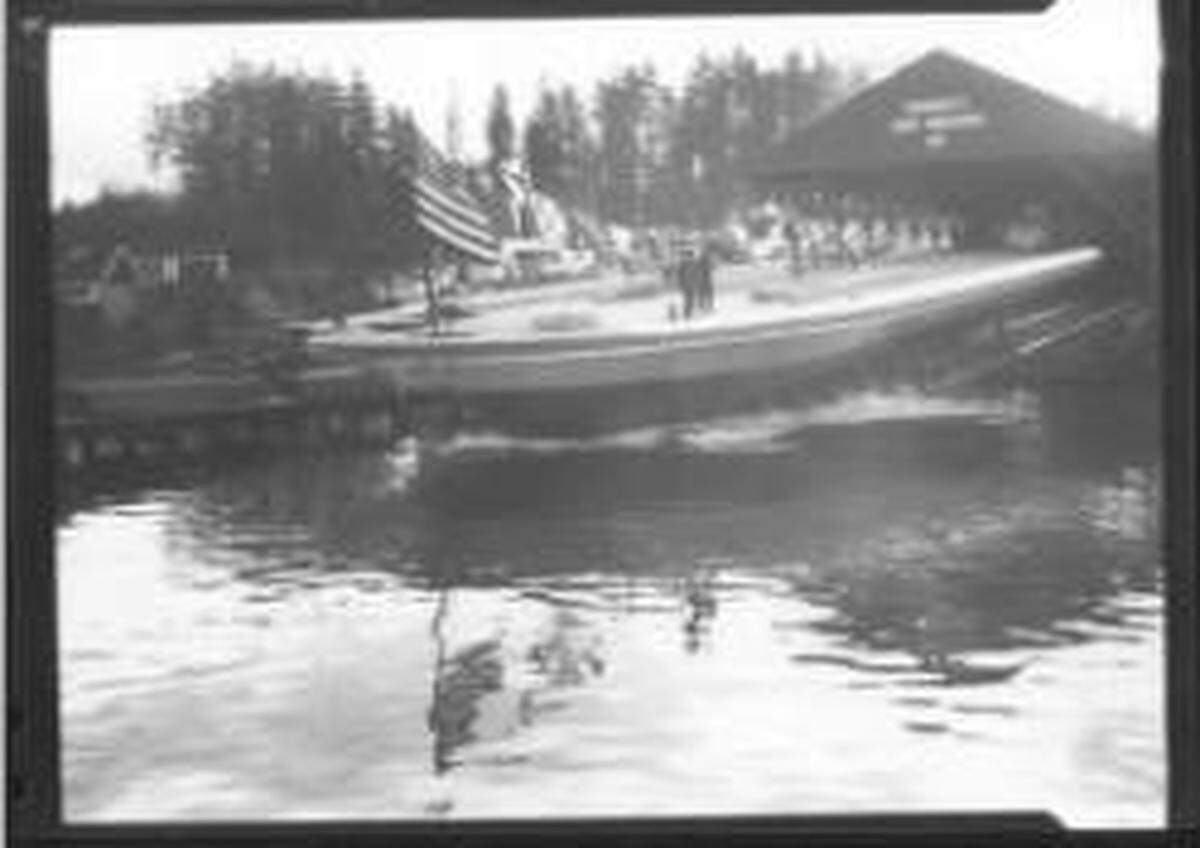 The ferry Defiance is launched from the Skansie Shipbuilding Company in Gig Harbor, Jan. 16, 1927.
