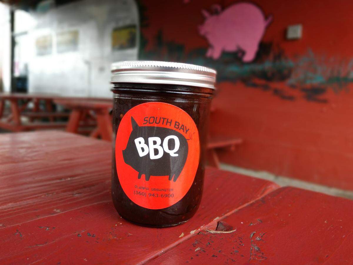 A jar of barbecue sauce from Southbay Dickerson’s BBQ in Olympia.