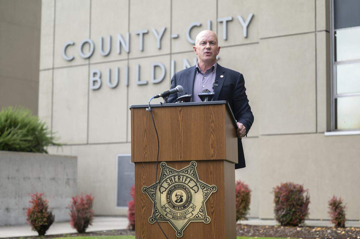 Pierce County Sheriff Keith Swank speaks at a press conference about the charging of Maj. Chadwick Dickerson on Thursday, Oct. 23, 2025, in Tacoma. Dickerson was charged Wednesday with two counts of DUI vehicular assault for crashing his pickup into an SUV near Graham.