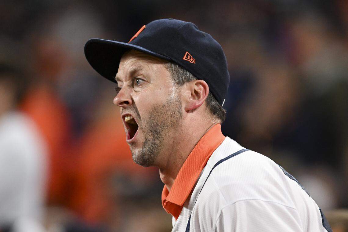 Oct 7, 2025; Detroit, Michigan, USA; A Detroit Tigers fan yells in the sixth inning against the Seattle Mariners during game three of the ALDS round for the 2025 MLB playoffs at Comerica Park. Mandatory Credit: Lon Horwedel-Imagn Images