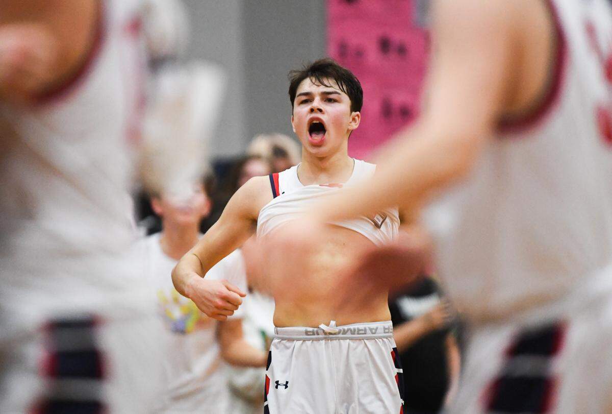 Black Hills’ Avery Armin celebrates Black Hills win against Tumwater. Black Hills played Tumwater in a basketball game at Black Hills High School in Olympia, Wash., on Friday, Jan. 24, 2020.