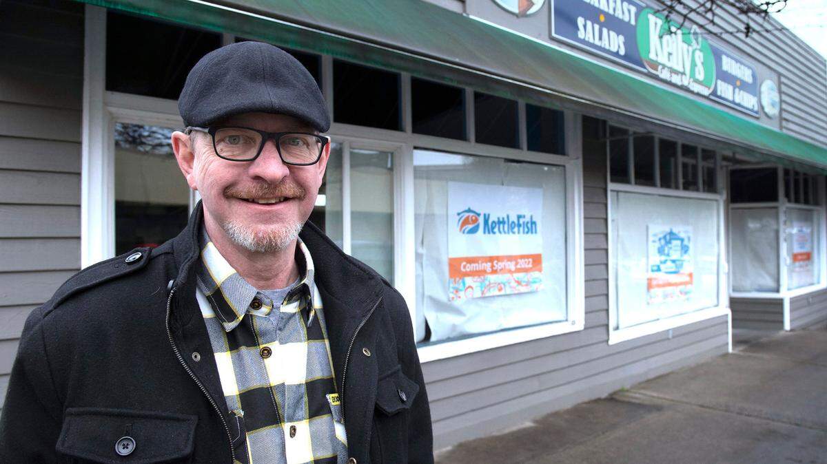 Co-owner Paddy O’Brien outside the new KettleFish restaurant in Gig Harbor, Washington, on Thursday, Feb. 3, 2022.