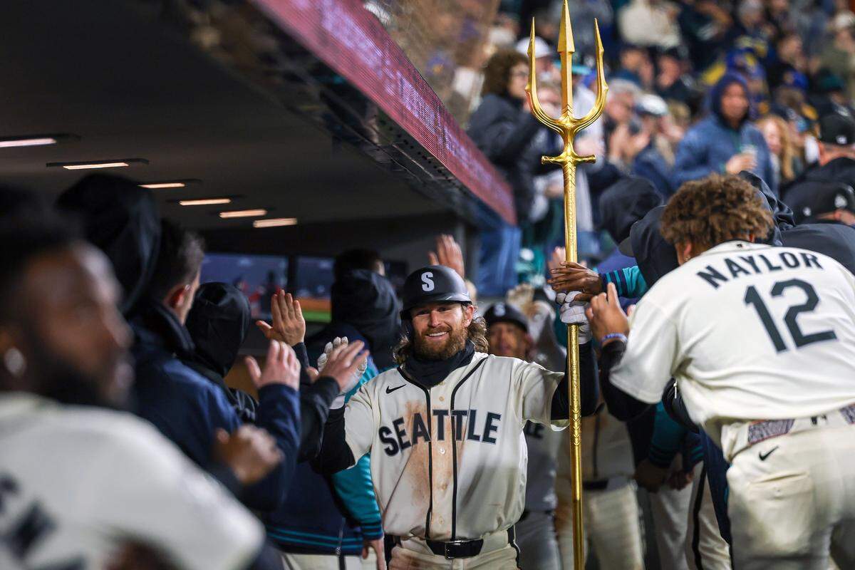 SEATTLE, WASHINGTON - MARCH 29: Brendan Donovan #33 of the Seattle Mariners celebrates after hitting a three-run home run during the fourth inning at T-Mobile Park on March 29, 2026 in Seattle, Washington. (Photo by Jack Compton/Getty Images)