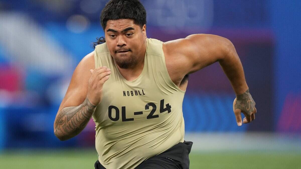 Mar 3, 2024; Indianapolis, IN, USA; Oregon State offensive lineman Taliese Fuaga (OL24) during the 2024 NFL Combine at Lucas Oil Stadium. Mandatory Credit: Kirby Lee-USA TODAY Sports