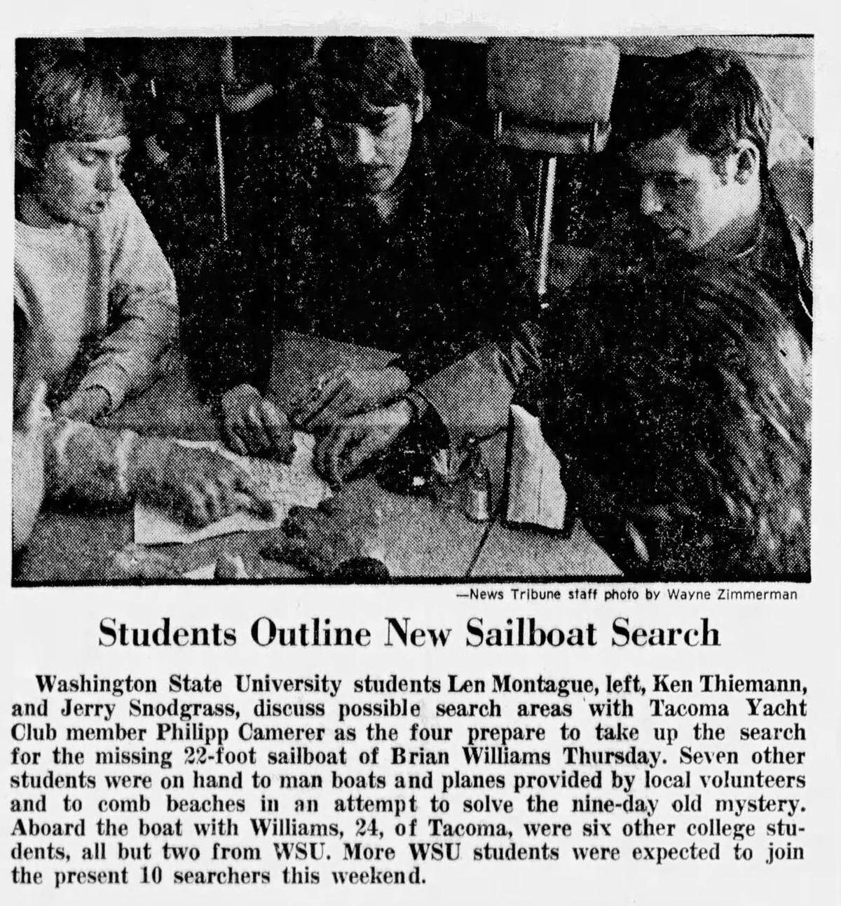 A newspaper clipping from 1971 shows Ken Thiemann with some WSU students and a Tacoma Yacht Club member during the search for the missing sailboat carrying seven college students.