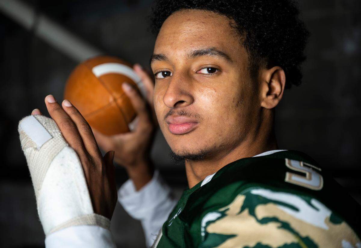 Auburn senior Amari Goodfellow poses for a portrait after being selected as a multi-purpose player for The News Tribune’s 2022 All-Area football team, at Mount Tahoma High School in Tacoma, Wash. on Dec. 4, 2022.