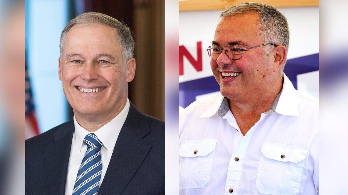 Loren Culp, who ran for Washington’s governor lost by over 13% in November, is suing the Secretary of State over alleged voter fraud. Jay Inslee, left, and Loren Culp, right.