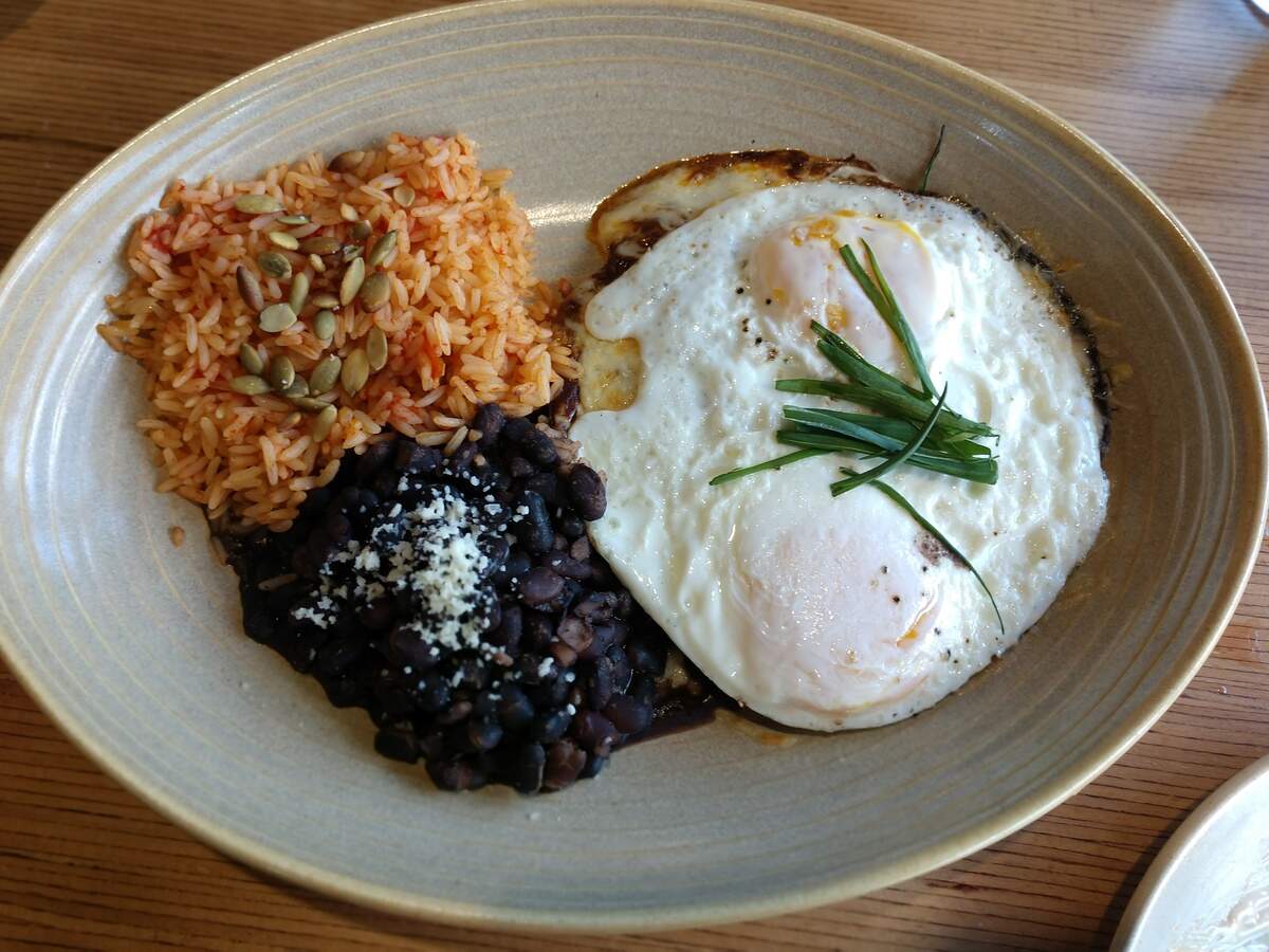 Stacked enchiladas, Santa Fe style, from Cactus Southwestern Kitchen + Bar in Tacoma’s Proctor neighborhood.