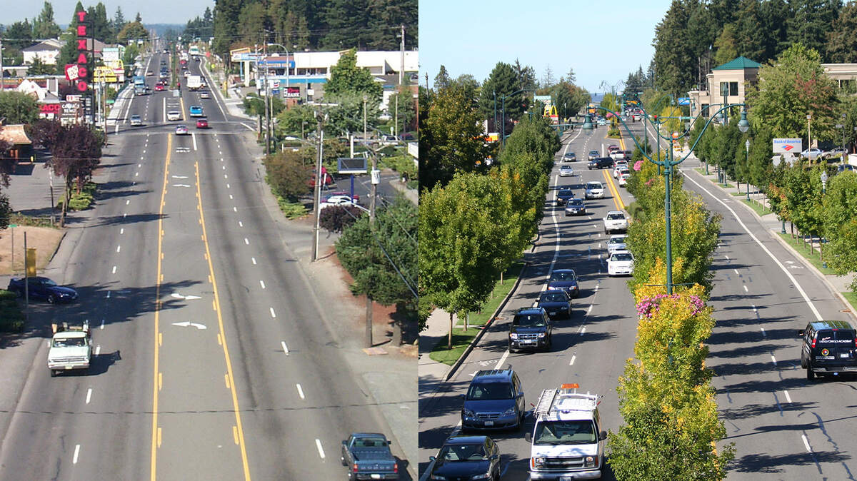 A before-and-after comparison of Bridgeport Way in University Place shows road and sidewalk improvements the city has made since residents voted for incorporation in 1995.