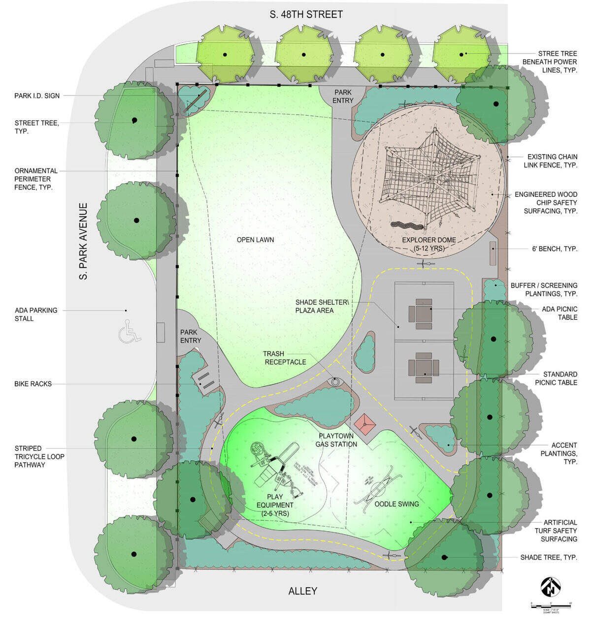 New design of the park, created by development consultant MacKay Sposito, shows new play equipment, swings and a climbing dome.