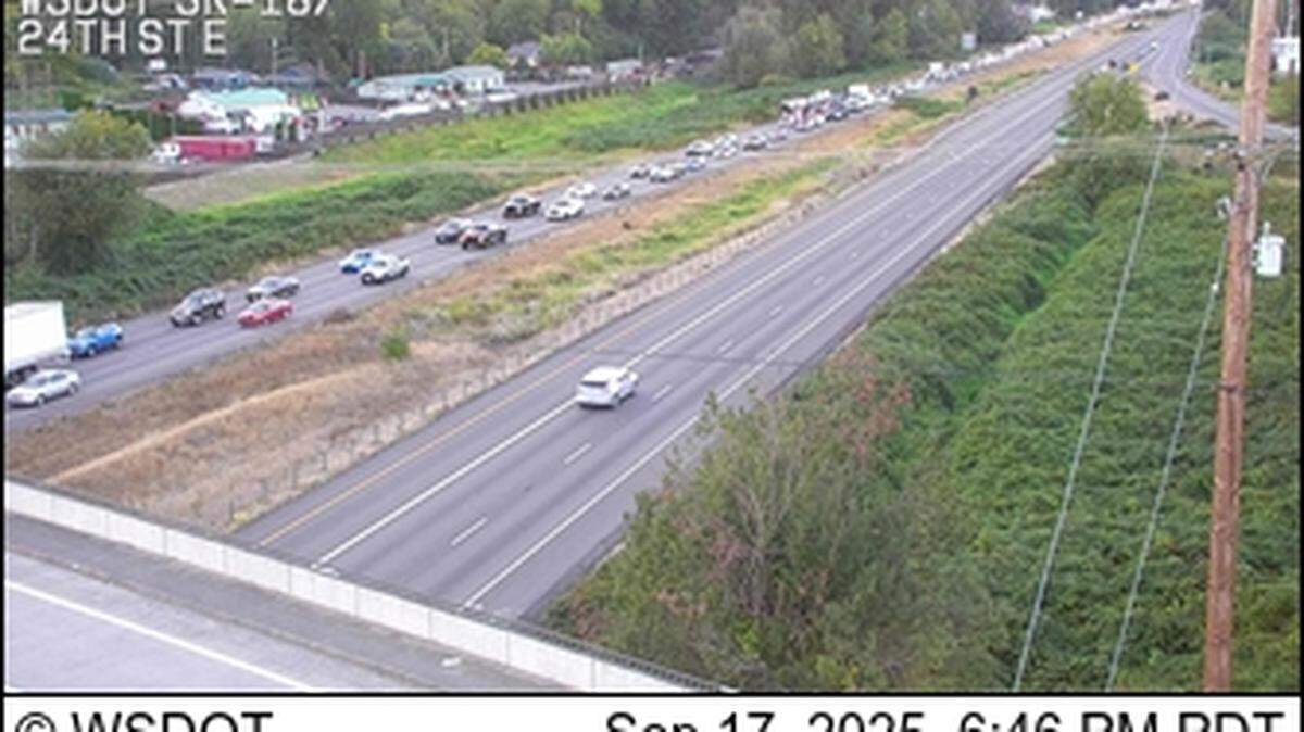 Backups on southbound state Route 167 extended for six miles Wednesday evening, Sept. 17, 2025. A collision on the highway near 24th Street East blocked the left lane.