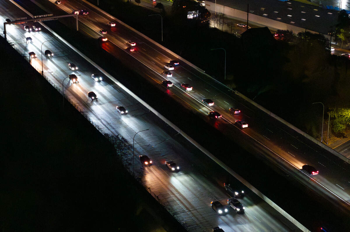 Street lights are dark along a section of state Route 16 between the Union Avenue and Fircrest exits as commuters travel on Wednesday, Nov. 13, 2024 in Tacoma.