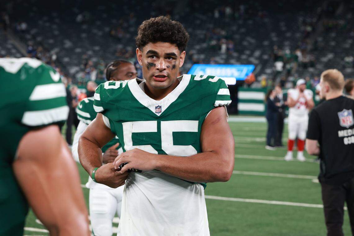 Aug 24, 2024; East Rutherford, New Jersey, USA; New York Jets linebacker Chazz Surratt (55) after the game at MetLife Stadium. Mandatory Credit: Vincent Carchietta-USA TODAY Sports