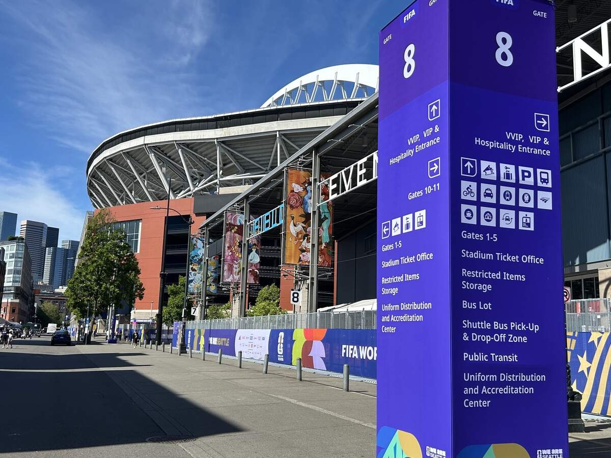 Along Occidental Avenue outside Lumen Field, renamed “Seattle Stadium” by FIFA during its World Cup in Seattle, on Sunday, June 14, 2026. Belgium and Egypt played the first of four group-stage matches in Seattle the next day.