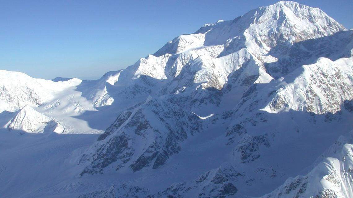 The West Buttress of Denali, a mountain peak in Alaska, is shown in this photo. A climber fell 1,000 feet from a mountain ridge and survived, park officials said.