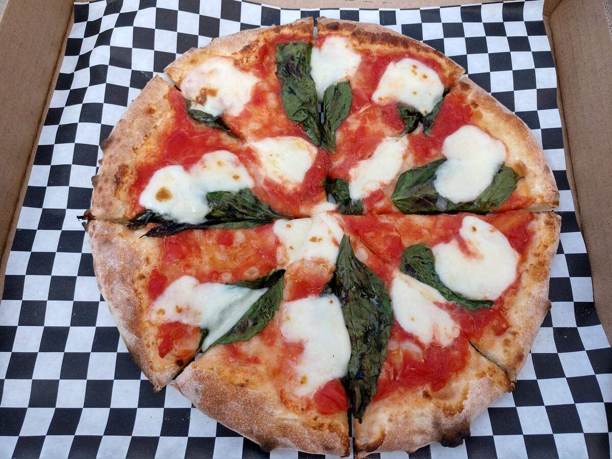 The MamaRita pizza from Fat Zach’s Wood Fire Pizza.