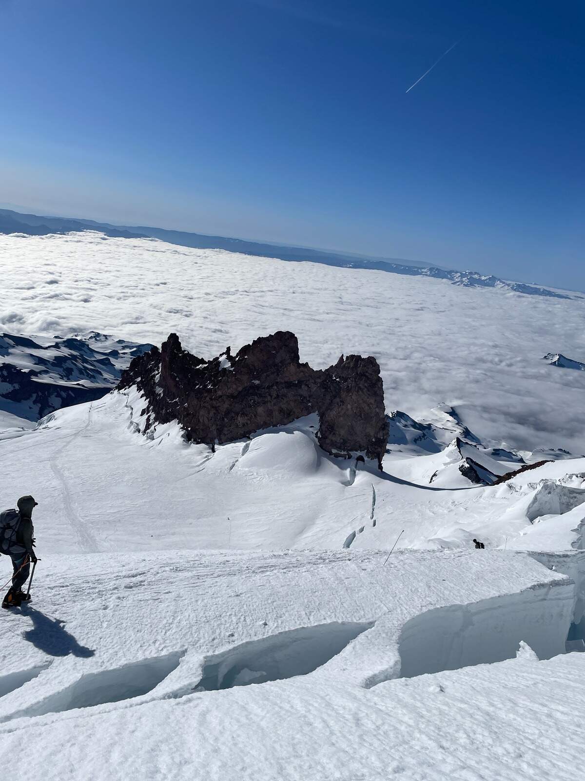 One of the many crevasses that opens up on popular routes like Ingraham Direct and Disappointment Cleaver on Mount Rainier.