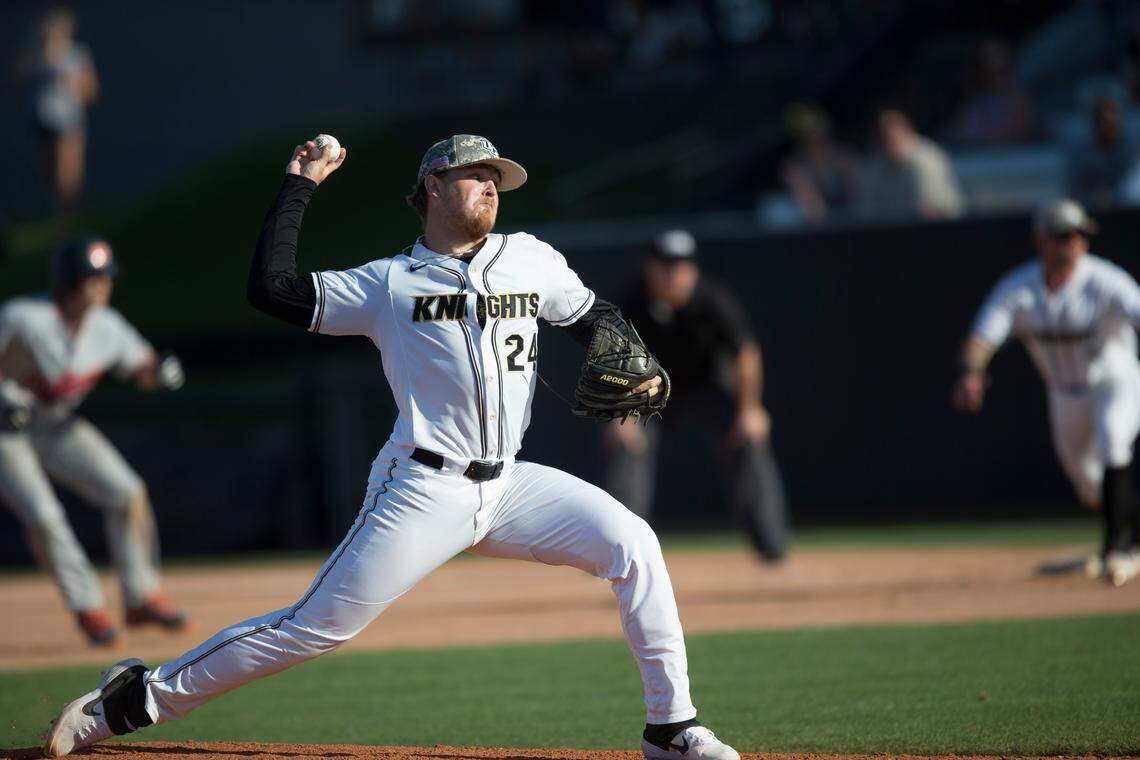 Central Florida’s Garrett Westberg (24) pitches during an NCAA college baseball game against Auburn, Sunday, Feb. 24, 2019, in Orlando, Fla.