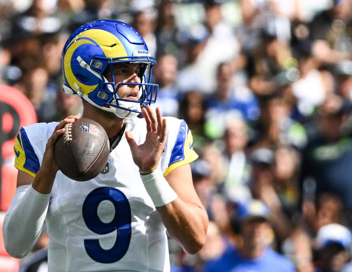Los Angeles Rams quarterback Matthew Stafford (9) drops back to pass during the second quarter of the NFL game against the Seattle Seahawks at Lumen Field, Sunday, Sept. 10, 2023, Seattle, Wash.