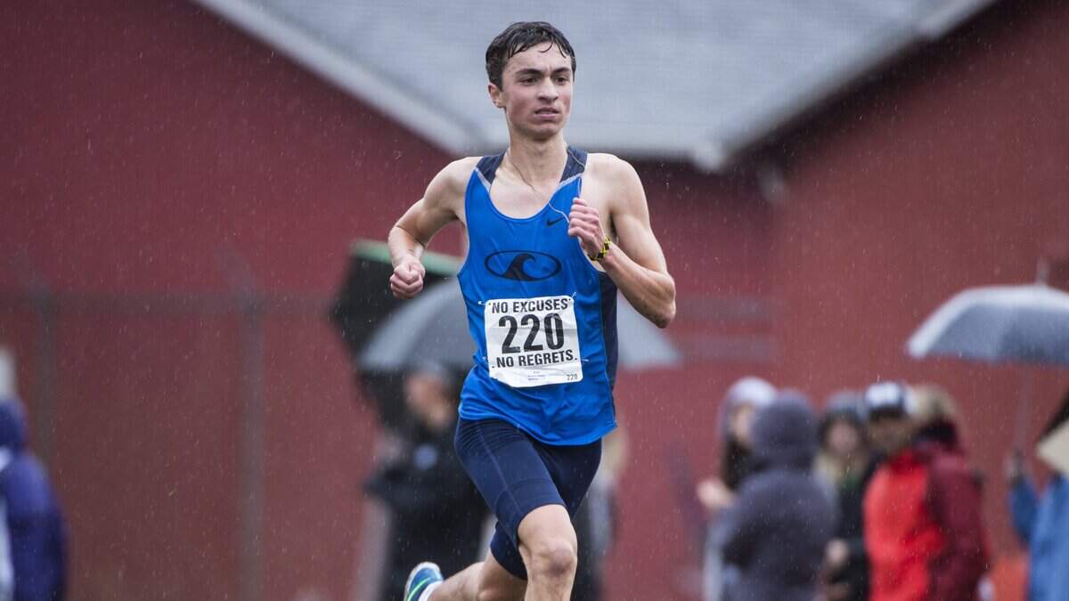 Bradley Peloquin finishes the last leg of the race at the Class 3A South Sound Conference Championship cross country meet at Fort Steilacoom park in Steilacoom, Wash., on Thursday, Oct. 19, 2017. 