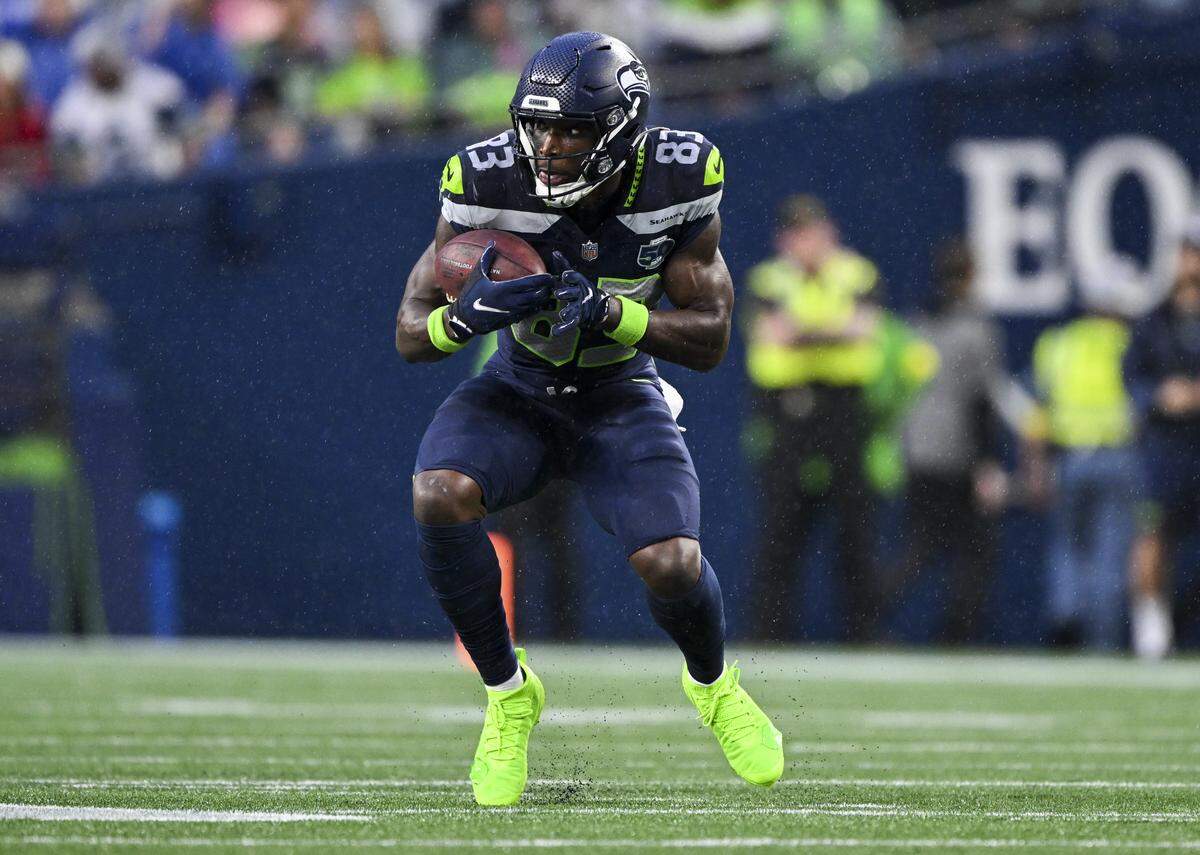 Seattle Seahawks wide receiver Dareke Young (83) picks 14 yards and the first down up during the second quarter of the preseason game against the Kansas City Chiefs at Lumen Field, on Friday, Aug. 15, 2025, in Seattle.