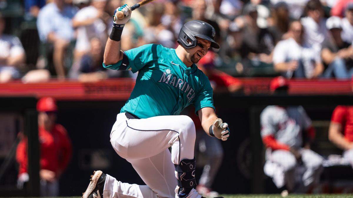 Jul 24, 2024; Seattle, Washington, USA;  Seattle Mariners catcher Cal Raleigh (29) reacts after fouling a pitch off his foot during the third inning against the Los Angeles Angels at T-Mobile Park. Mandatory Credit: Stephen Brashear-USA TODAY Sports