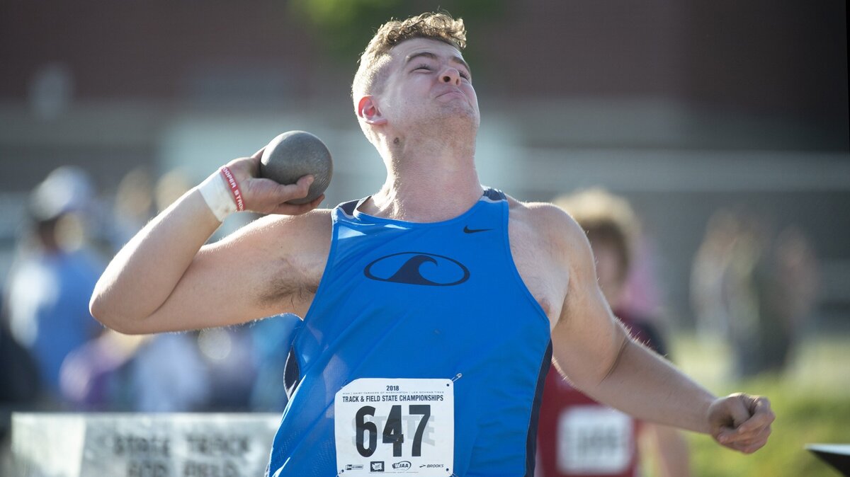 Gig Harbor’s Samuel Peacock competes in the 3A boys shot put finals on the opening day of the state track meet at Mt. Tahoma High School in Tacoma on Thursday, May 24, 2018.