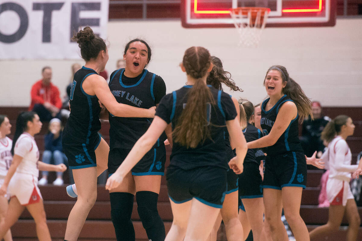 Bonney Lake High School forward Jazmyn Shipp celebrates with teammates following a win over Union in a basketball game at the 2023 Puget Sound Holiday Classic on Monday, Jan. 16, 2023 at the University of Puget Sound Memorial Fieldhouse in Tacoma, Wash.