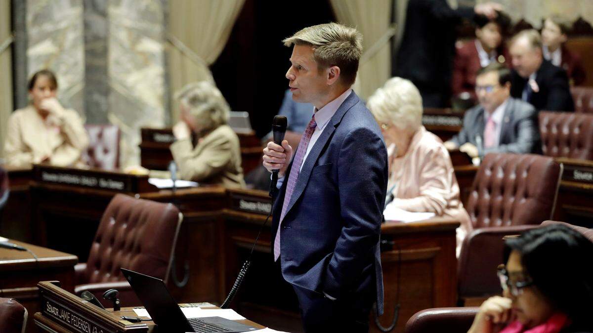 Sen. Jamie Pedersen, D-Seattle, speaks on the Senate floor in Olympia. He’s the sponsor of this year’s proposal to regulate public record disclosures in the legislative branch.