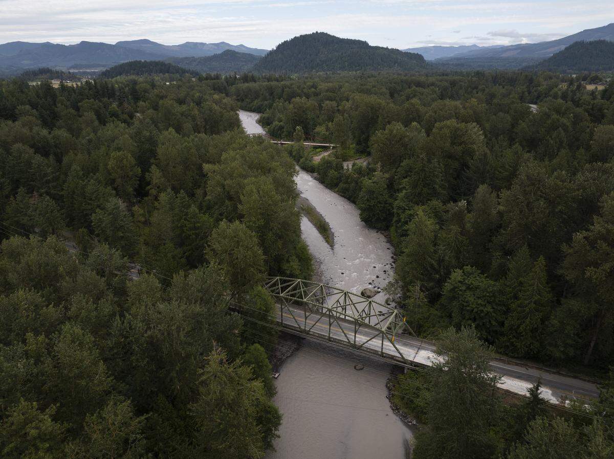 The White River Bridge remains closed on SR 410 after a semi-truck hit it, on Tuesday, Aug. 19, 2025, in Buckley, Wash..