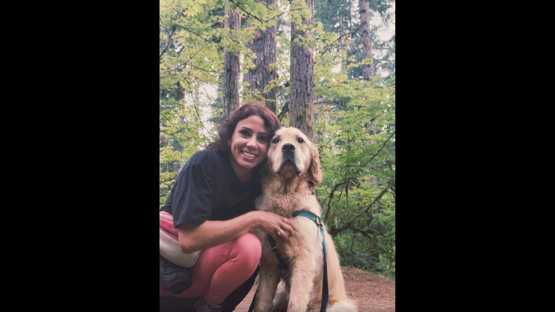 Itzel Perez is pictured with her dog, Sosa, in an undated photograph. Perez, 39, was found dead Nov. 20, 2025 at a beach near Ocean Shores, where the Grays Harbor County coroner said her vehicle was overcome by waves while driving on the beach.