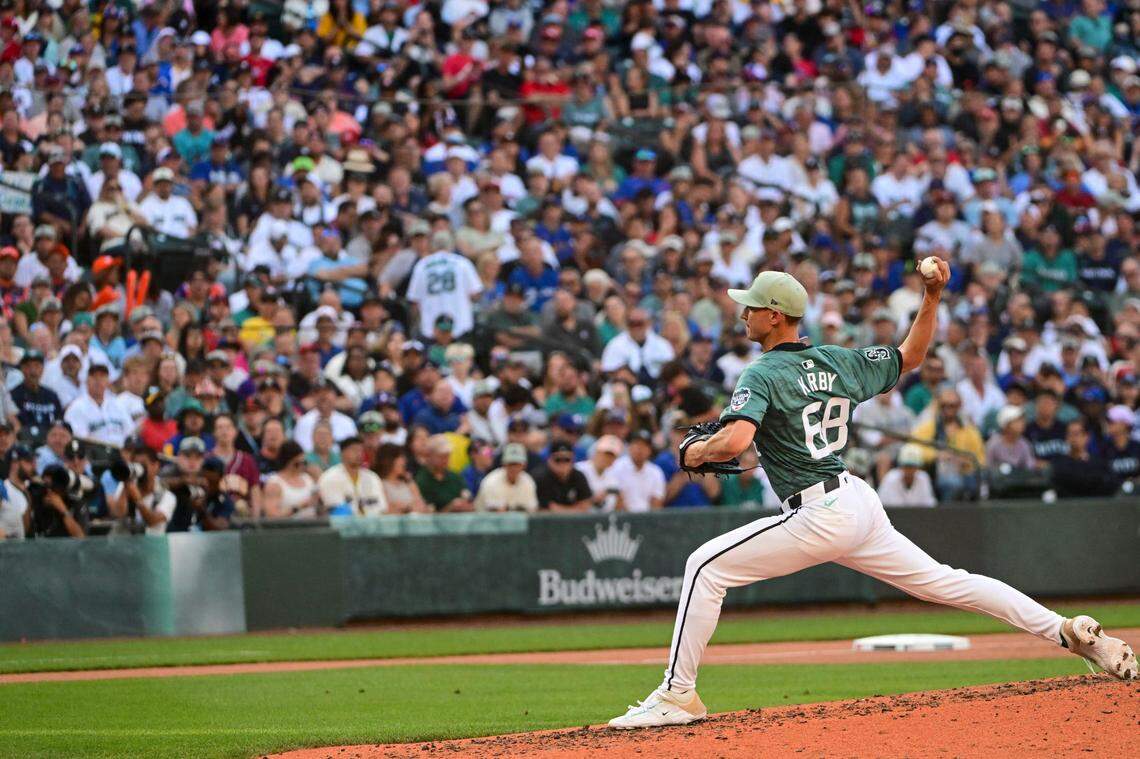 Seattle’s George Kirby delivers a pitch to a National League batter during the top of the fourth inning of the 2023 MLB All-Star Game on Tuesday, July 11, 2023, at T-Mobile Park in Seattle.