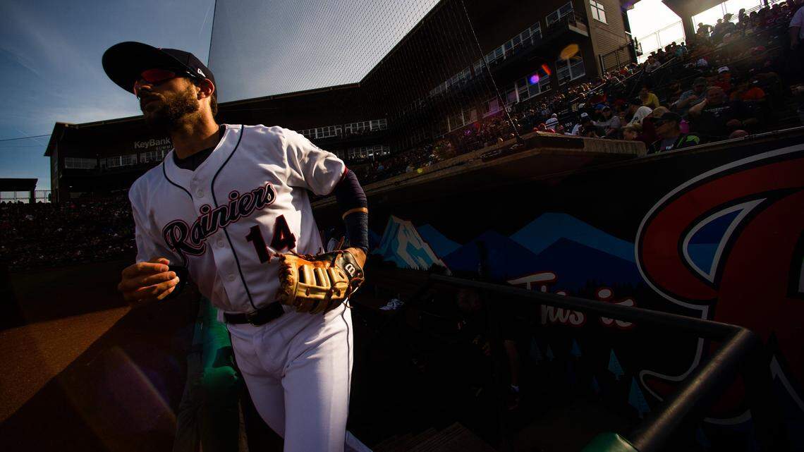Austin Nola (14) during the game. The Tacoma Rainiers played the Albuquerque Isotopes in a Triple-A baseball game at Cheney Stadium in Tacoma, Wash., on Saturday, May 4, 2019.