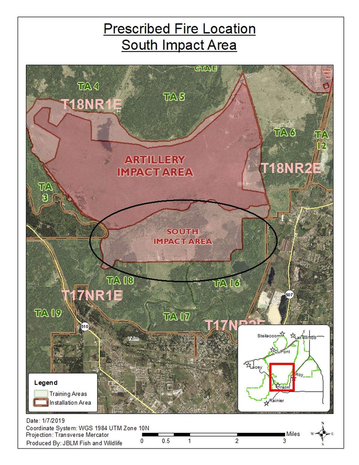 A map of the prescribed burn at Joint Base Lewis-McChord on May 4, 2026. The burn will happen on the Southeast side of the South Impact Area, about two miles north of Yelm.